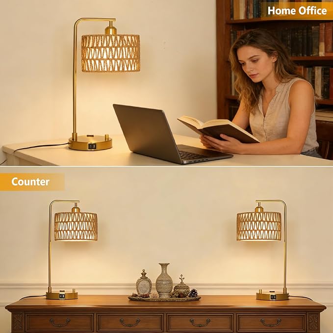 Boho Table Lamps With USB Charging Ports And Outlet, Dimmable Rattan Lamp Set Of 2 With Bulbs, Wicker Bedside Lamps For Bedroom Living Room Side Table, Gold Tall Desk Lamp For Bohemian Home Office