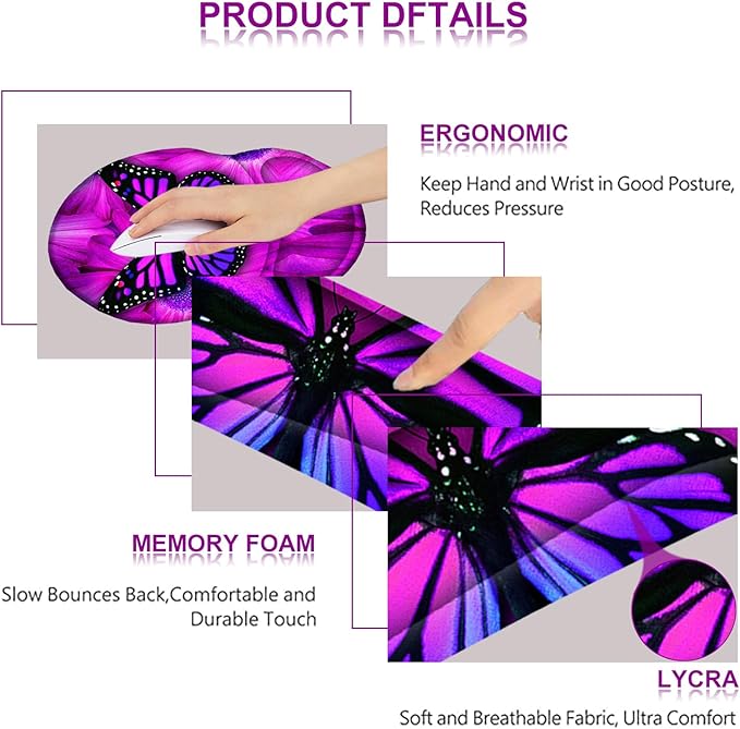 ARTSO Ergonomic Mouse Pad with Wrist Rest, Comfortable Keyboard Wrist Rest, Memory Foam Mousepad for Computer Keyboard, Mouse Pad Set for Easy Typing & Comfort, Purple Butterfly