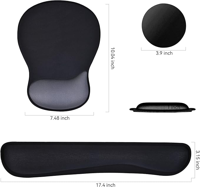 Wrist Rest Support for Mouse Pad Keyboard Set Circle Coaster Gaming Mouse Pad Ergonomic Gel Memory Foam Set for Computer, Laptop, Office, Comfortably Typing Black KM-33