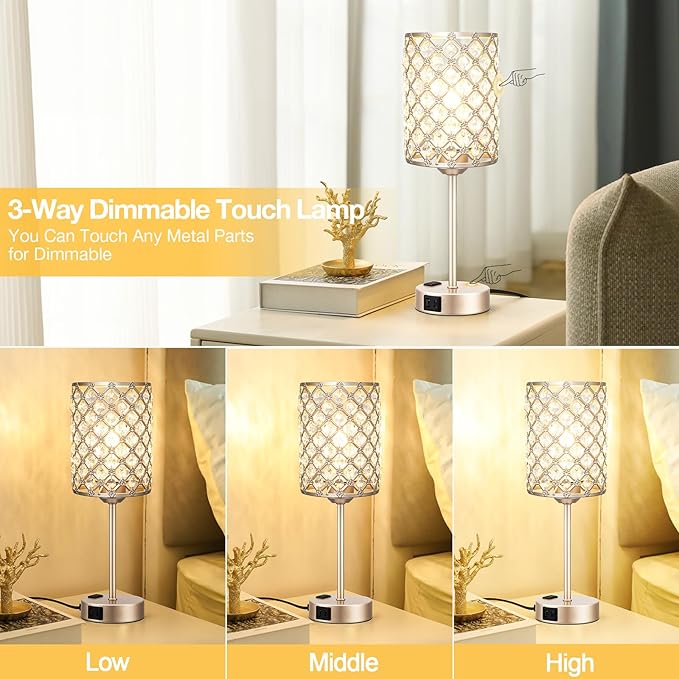 Hong-in Champagne Gold Lamps for Night Stands-Crystal Table Lamp with USB-C+A & AC Charging Ports, 3-Way Dimmable Nightstand Touch Lamp, Bedside Desk lamp for Bedroom Living Room Home Office