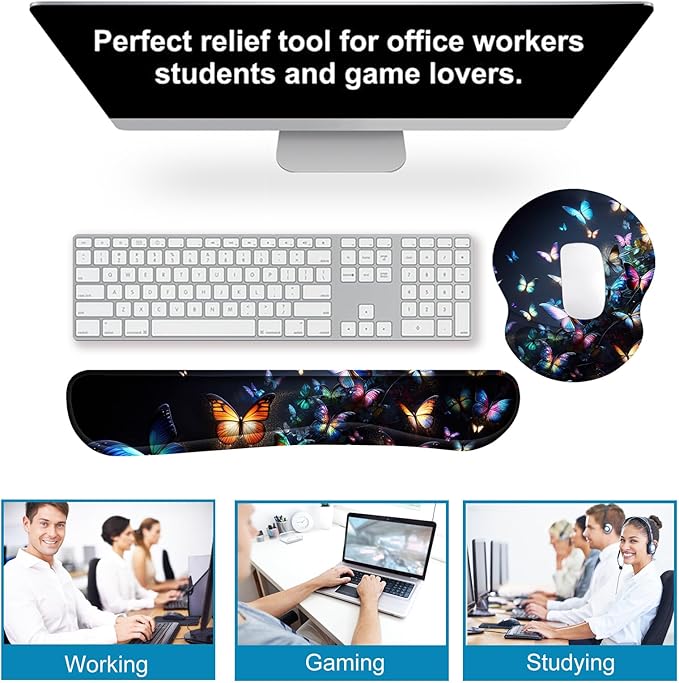 ARTSO Ergonomic Mouse Pad with Wrist Rest, Comfortable Keyboard Wrist Rest, Memory Foam Mousepad for Computer Keyboard, Mouse Pad Set for Easy Typing & Comfort, Night Butterfly