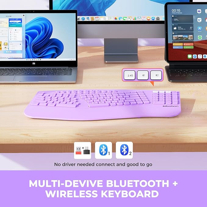MEETION Ergonomic Keyboard Wireless, Multi-Device Bluetooth Keyboard, Full-Sized Rechargeable Split Computer Keyboards, Wrist Rest for Natural Typing, for Windows/Mac/Laptop/Table/PC, Purple