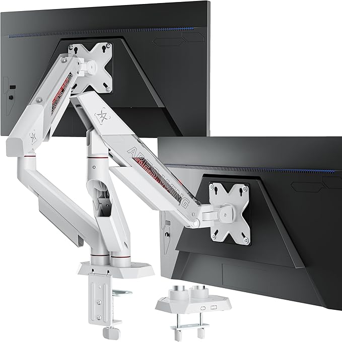 ARES WING Dual Monitor Arm for 17-35 Inch Flat Curved Ultrawide Screens Up to 26.5lbs, Fully Adjustable Dual Monitor Mount, C-Clamp & Grommet Base, 75/100 Vesa Mount, White