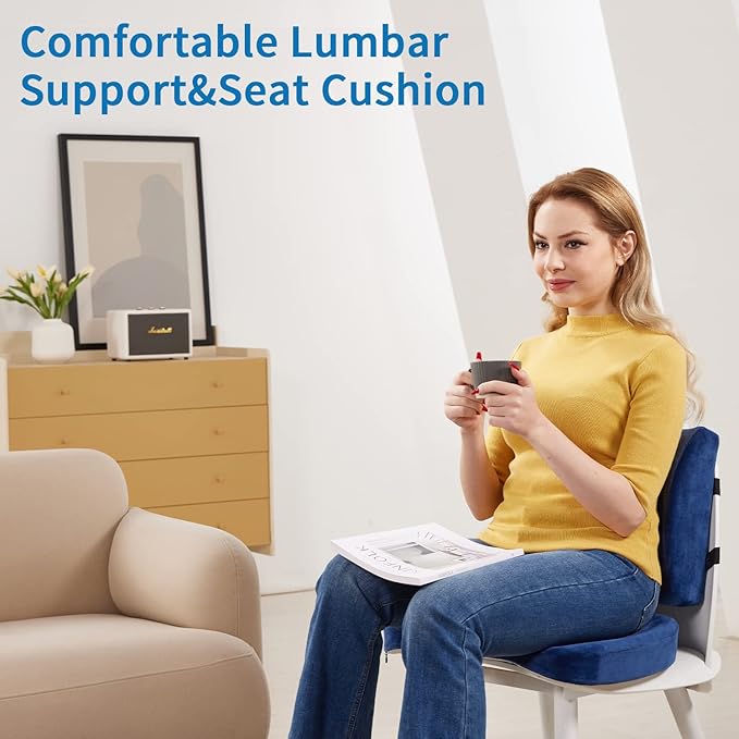 SAIREIDER Chair Cushion and Lumbar Support Pillow for Office Chair, Car Seat Cushions Back Support Pillows, Memory Foam Chair Support for Back & Lumbar, Ergonomic Coccyx & Lumbar Support (Blue)