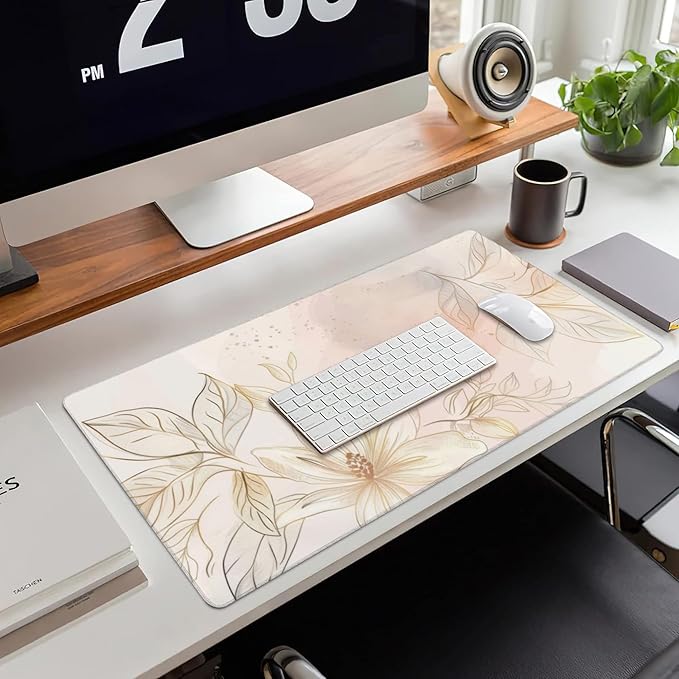 Desk Mat,Minimalist Flowers and Leaves Large Gaming Mouse Pad for Desk XXL,Golden Line Floral Desk Pad,Extended Big Computer Keyboard Mouse Pad with Non-Slip Base Stitched Edges 35.4"x15.7"