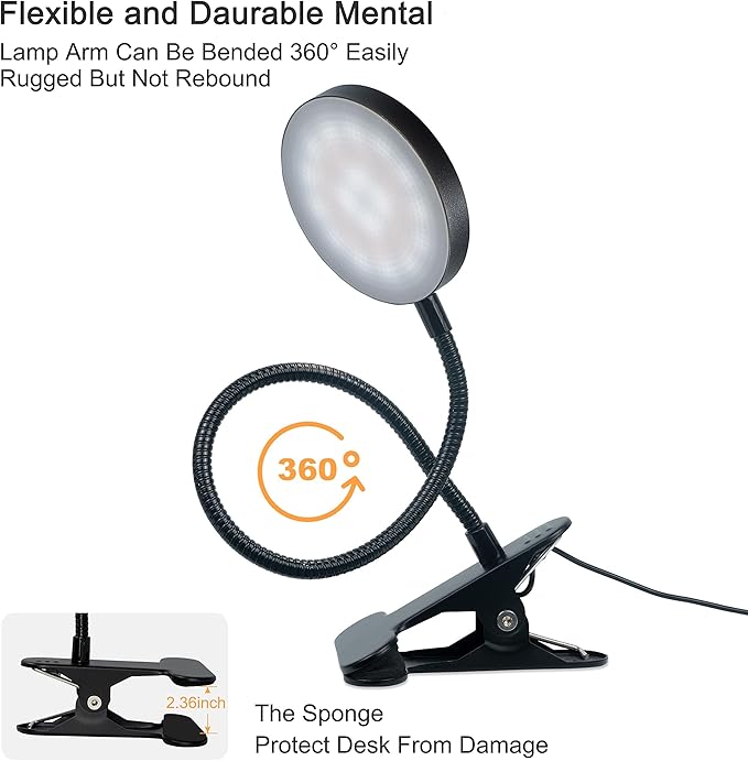 Desk Lamp, 8W 66 LED Reading Light for Bed, Eye Caring Metal Clip Lamp, 5 Color 10 Brightness Levels, Memory Function, Flexible Desk Lamp, USB Powered, Includes 5V/2A UL Adapter