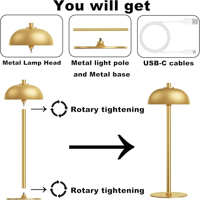 Rechargeable Cordless Table Lamp - 5000mAh Battery Operated Table Light, 3 Color Stepless Dimmable LED Table Lamp with Memory Function for Indoor, Outdoor, Dinner, Home, Restaurant.(Gold)