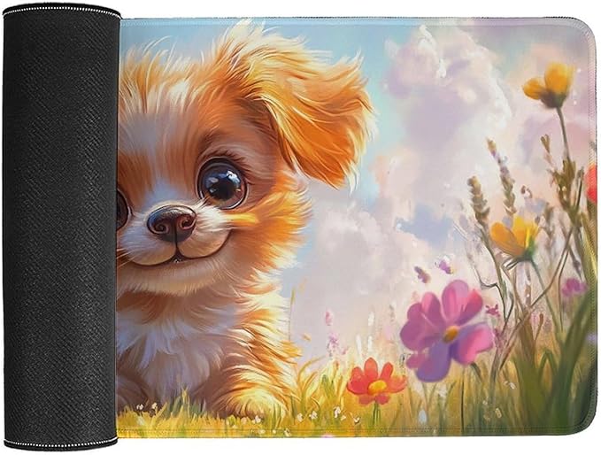Large Ergonomic Gaming Mouse Pad Charming Fluffy Dog in Bright Meadow - Cute Pet Theme with Non-Slip Base Water-Resistant Surface and Stitched Edges 30x60cm