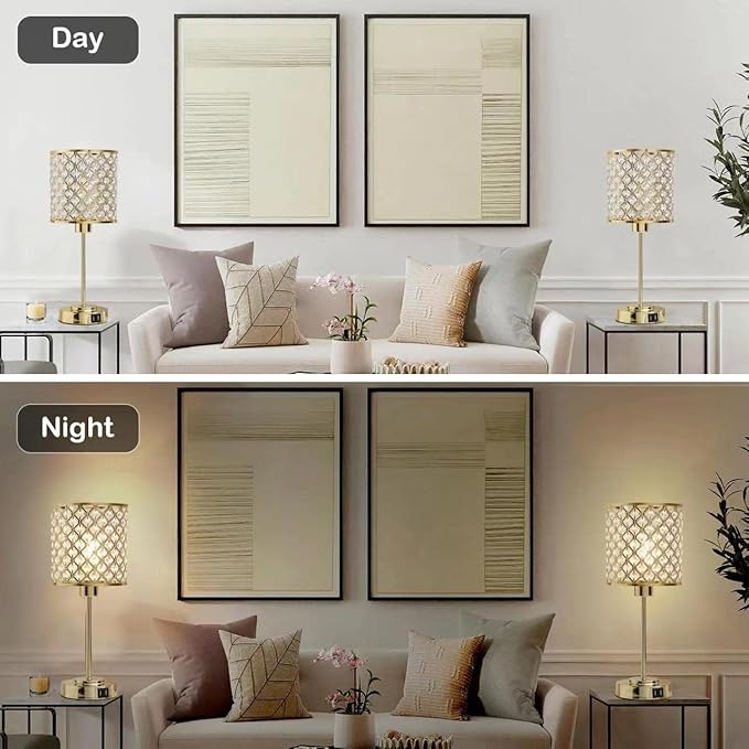 GyroVu Crystal Touch Control Table Lamp with USB-C+A Charging Ports, Dimmable Nightstand Lamp Set of 2 Crystal Decorative Bedside Lamps with Gold Elegant Shade for Bedroom Living Room, Bulbs Included