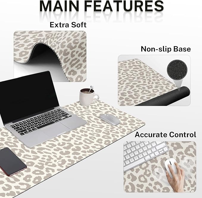 Arttown Leopard Light Khaki Desk Mat Animal Skin Mouse Pad Set 4 in 1 Ergonomic Design Large Desk Pad + Keyboard Wrist Rest + Mouse Wrist Rest + Coaster Suitable for Home Office Study Game