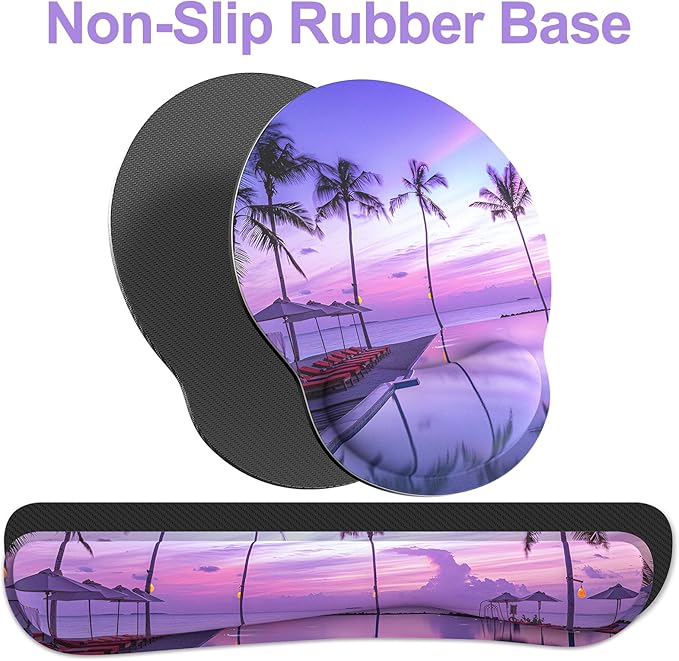 Ergonomic Mouse Pad with Wrist Rest and Keyboard Wrist Rest, Mousepad and Keyboard Pad, Non-Slip Rubber Base, Mouse Pad Wrist Support for Gaming, Computer, Office, Home, Purple Beach