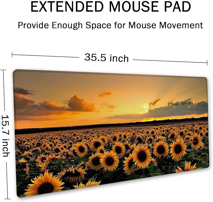 SSOIU Extended Gaming Mouse Pad XXL ArtSo Large Keyboard Mat Long Mousepad Desk Decor Writing Pad Non Slip Rubber Base Stitched Edges for Work, Game, Office, Home, 35.5" x 15.7", Sunflower Field