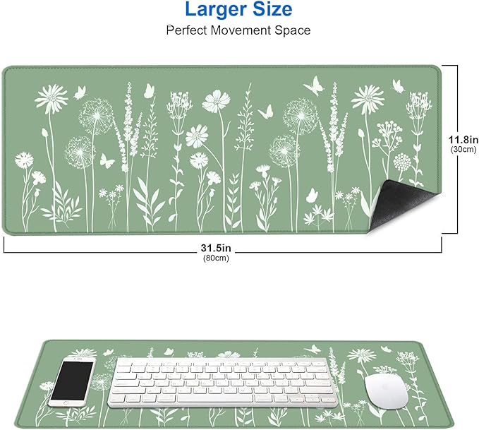 IMAYONDIA Cute Sage Green Desk Mats Mousepad, Plant Floral Anime Deskmat, Aesthetic Desk Pad, Minimalist Mint White Leaves Large Gaming Mouse Pad, Decor Accessories, 31.5 X 11.8