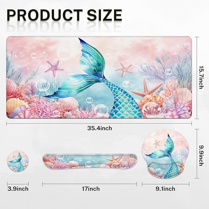 Britimes Pink Cute Deep Sea Mermaid Keyboard Mouse Pad Set 4in1 Large Mousepad+Keyboard Wrist Rest+Mouse Wrist Rest+Coaster Set with Ergonomic Design for Home Office Computer 35.4x15.7 inches
