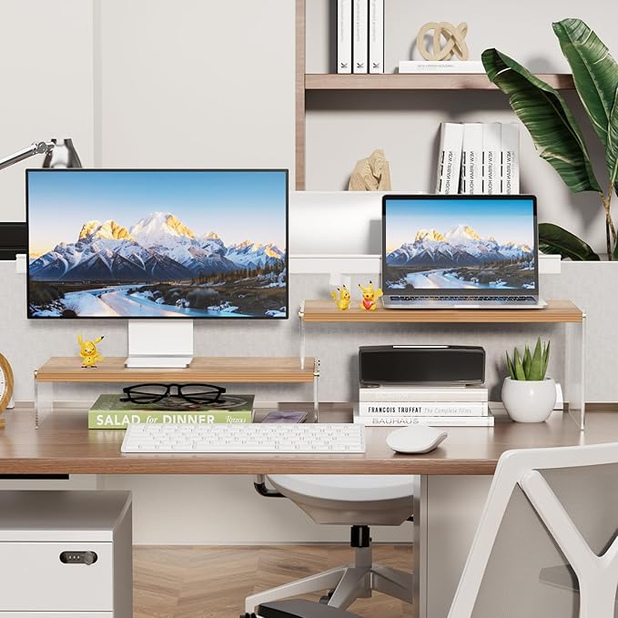 Adjustable Monitor Stand Riser with Acrylic Legs丨15.74" Length Dual Monitor Stand for Desk丨2-Tier Wood Desktop Organizer for Computer, Laptop, Printer & PC丨Modern Aesthetic Desk Shelf(wood-wavy)