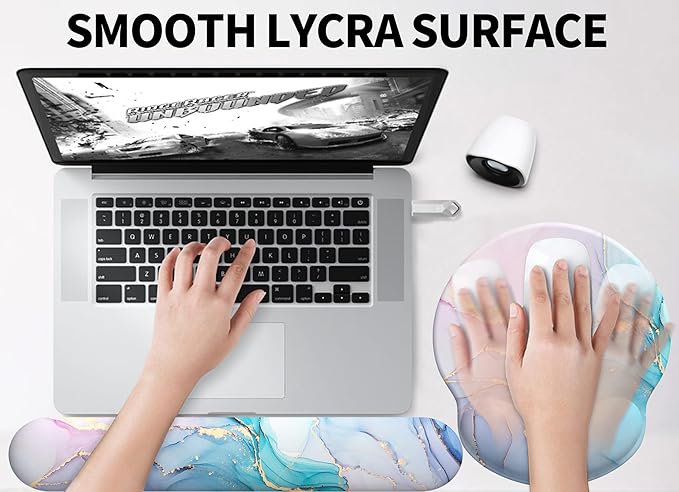 eulps Mouse Pad Wrist Support, Ergonomic Memory Foam Keyboard Wrist Pad & Gel Wrist Rest Set for Computer Keyboard for Easy Typing for Office & Home (Cyan Pink Marble)