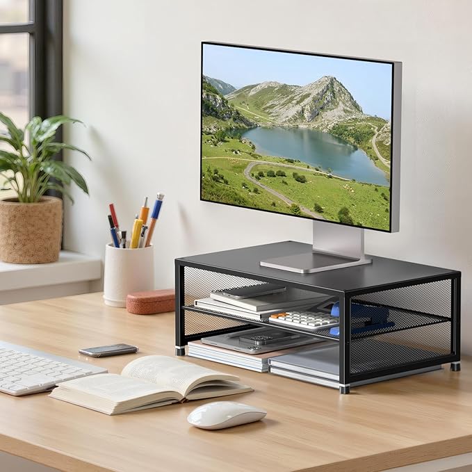 2-Tier Computer Monitor Stand Riser, Desk Organizer for Monitor, Printer & Laptop Stand, Desktop Workspace Organizers for Office Supplies(Black)
