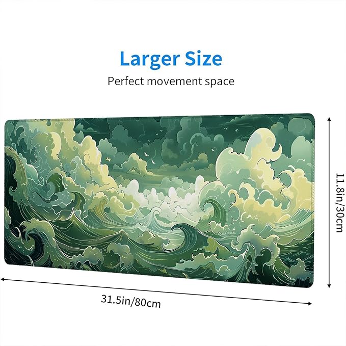 Sea Wave Desk Mat Green Japanese Anime Aesthetics Extended Gaming Mouse Pad Mat with Stitched Edge Non-Slip Base Big Mouse Pad 31.5"x11.8" Office Computer Keyboard Laptop Home
