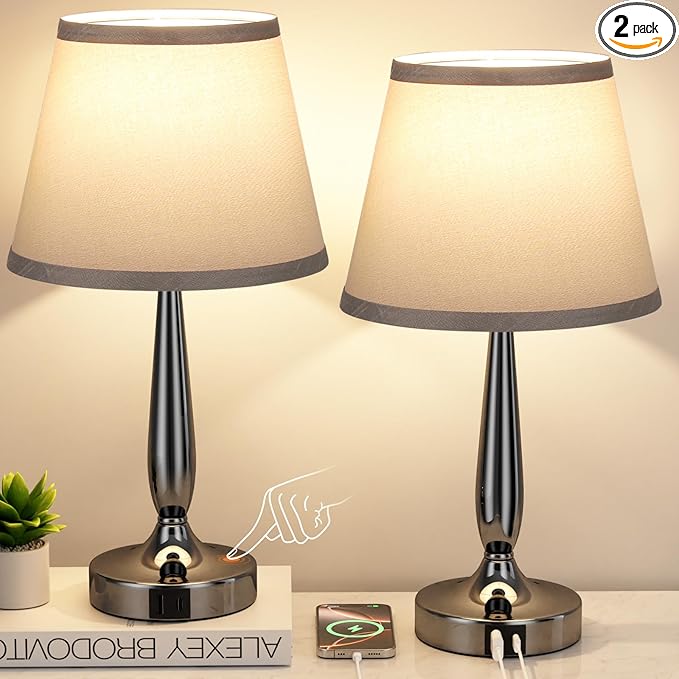 Kakanuo Touch Table Lamp for Bedroom Set, Small Bedside Lamps Set of 2 with USB C Charging Port, 3 Way Dimmable Touch Control Nightstand Lamps, LED Bulb Included