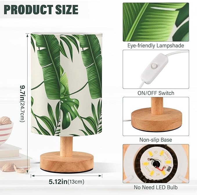 Tropical Leaf LED Table Lamp, Bedside Lamp with Linen Lampshade, Flicker-Free Eye Care USB Plug in Nightstand Lamp, for Bedroom and Office