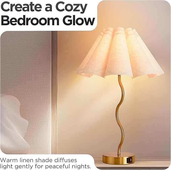 Touch Control Table Lamp with USB Ports, 27” Tall Gold Bedside Lamp with 3-Way Dimmable E26 Bulb, Fabric Shade & Curved Metal Stem, Modern Nightstand Lamp for Bedroom, Living Room, Office