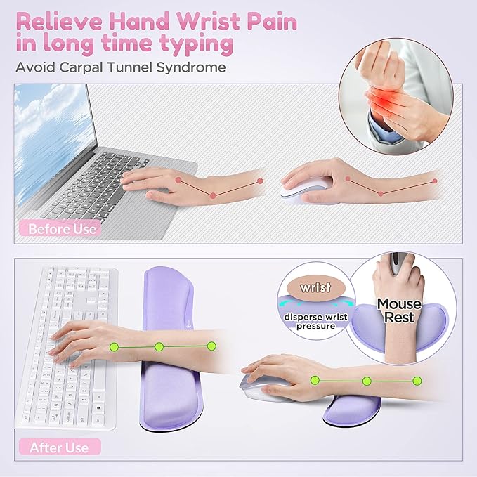 Gimars Upgrade Enlarge Gel Memory Foam Set Keyboard Wrist Rest Pad, Mouse Wrist Cushion Support for Office, Computer, Laptop, Mac, Comfortable, Lightweight for Easy Typing, Purple