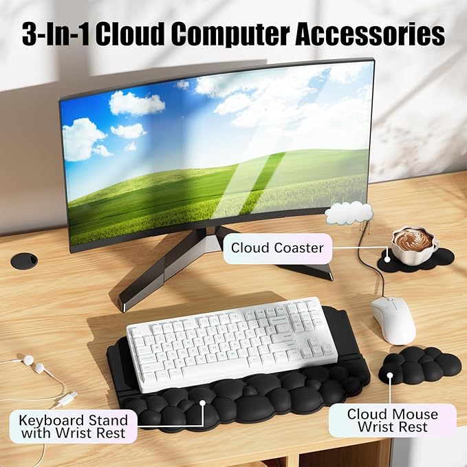 Ergonomic Wrist Rest for Keyboard and Mouse, Soft Memory Foam Cloud Keyboard Stand Pad with Wrist Rest Set with Non-Slip Silicone Base, Easy Typing, Comfort for Office, Work, Gaming Black