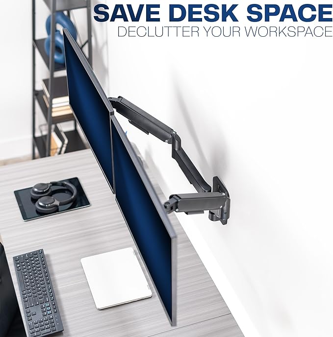 VIVO Height Adjustable Mechanical Extended Arm Dual Monitor Wall Mount Full Motion Articulating, Fits 2 Screens 17 to 32 inches, Black, MOUNT-V002G