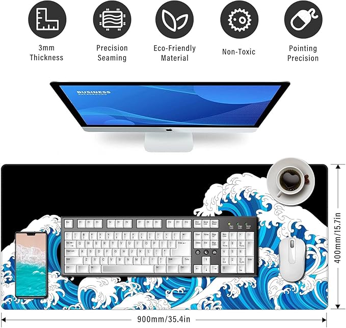 Large Mouse Pad Desk Mat 900 x 400 x 3mm Cool Sea Texture Non-Slip Rubber Base Mousepad Stitched Edges Keyboard Mat for Office Home Game - Black and White Sea Wave