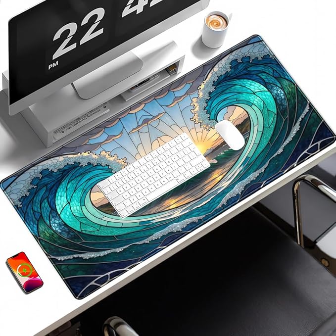 Beach Sunset Desk Mat Cute Large Mouse Keyboard Desk Pad, Aesthetic Cute Gaming Desk Keyboard Mats for Desk Pad Mat, Faux Stained Glass Sunset Mousepad Southwest Landscape Desk Pad 31.5x15.7 in