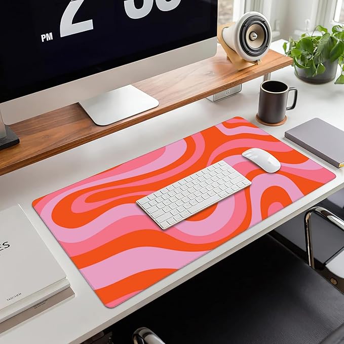 Large Gaming Mouse Pad for Desk,Hippie Groovy Waves Desk Mat for Desktop,Retro Groovy Swirls Desk Pad,Extended Big Computer Keyboard Mouse Pad with Non-Slip Base and Stitched Edge 35.4"x15.7"