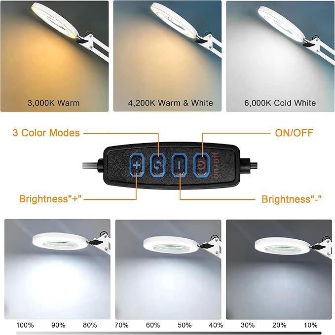 10X Magnifying Glass with Light and Stand, Magnifier with Light Hands Free, 3 Color Modes 10 Level Dimmable, Magnifying Real Glass LED Desk Lamp for Close Work, Repair, Reading, Craft, White