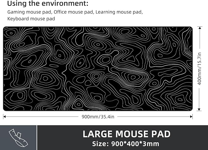 Extra Large Gaming Mouse Pad with Black Topographic, XXL Mousepad, Big Mouse Mat Desk Pad, Non Slip Keyboard Pad for Gaming Computer Laptop PC Office Desk Accessories
