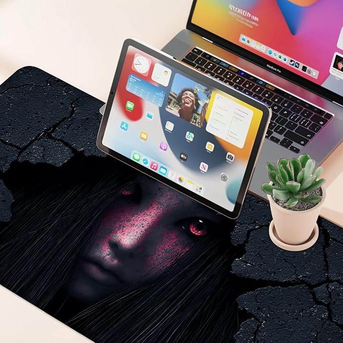 Desk Mat, XXL Extended Gaming Pad for Desktop, 35x16 Inches Horror Theme Figure Breaking Through Wall, Large Non-Slip Vegan Leather Surface with Stitched Edges, Keyboard Mouse Mat for Home Office