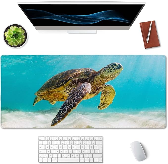 SSOIU Large Mouse Pad, Full Desk XXL Extended Gaming Mouse Pad 35.5" X 15.7", Waterproof Desk Mat with Stitched Edge, Non-Slip Laptop Computer Keyboard Mousepad for Office & Home, Sea Turtle