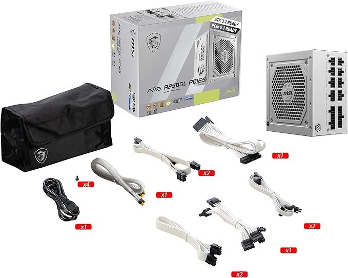 MSI MAG A850GL PCIE5 White, Fully Modular Compact Gaming 850W Power Supply, 80+ Gold, ATX 3.1 & PCIe 5.1 Ready, Native Dual-Color 12V-2x6 Cable, 10 Year Warranty