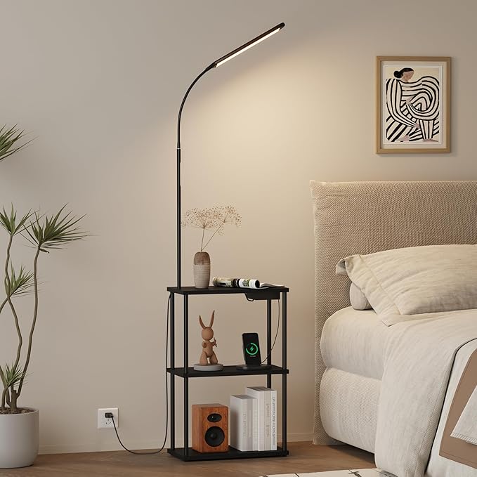 LED Floor Lamp with Table, 15W Bright Reading floor lamp with Remote & Touch Control, Narrow Side Table with USB Charging Station and AC Port, End Table for Bedroom, Living Room and Home Office, Black