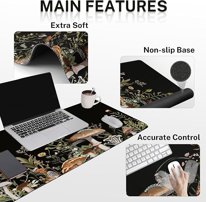 Britimes Black Mushroom Floral Keyboard Mouse Pad Set Plant Flower 4in1 Large Mousepad+Keyboard Wrist Rest+Mouse Wrist Rest+Coaster Ergonomic Design for Home Office Computer 35.4x15.7 inches