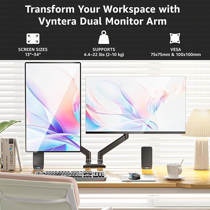 Dual Monitor Arm Desk Mount – Adjustable Gas Spring Monitor Stand for 13”–34” Screens, Full Motion Swivel, Tilt & Rotation, Heavy Duty VESA Mount for Gaming, Programming, and Office Setup