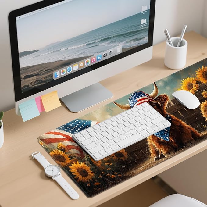 Highland Cow Desk Mat Gaming Mouse Pad Americana Farm Sunflower Mousepad Computer Keyboard Pad Mouse Mat Laptop Mat 31.5 x 11.8 Mouse Pads for Desk Home Office Gaming