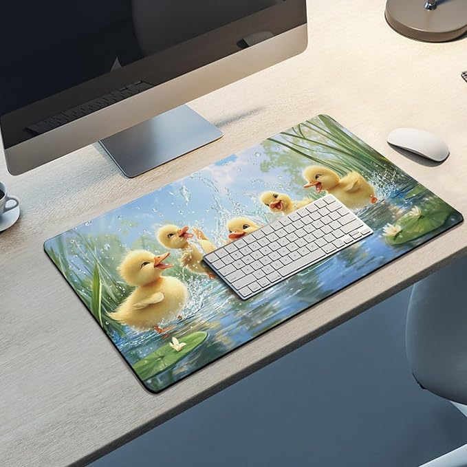 Large Ergonomic Gaming Mouse Pad Playful Ducklings in Pond - Cute Waterfowl Theme with Non-Slip Base Water-Resistant Surface and Stitched Edges 40X75cm