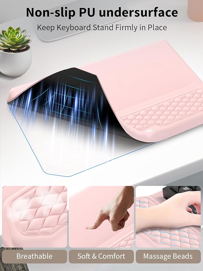 3-in-1 Ergonomic Keyboard Stand with Wrist Rest & Mouse Pad Set, Comfy Keyboard Riser Holder Soft Mousepad with Massage Design, Memory Foam and Non-Slip PU Base for Wrist Support, Pink