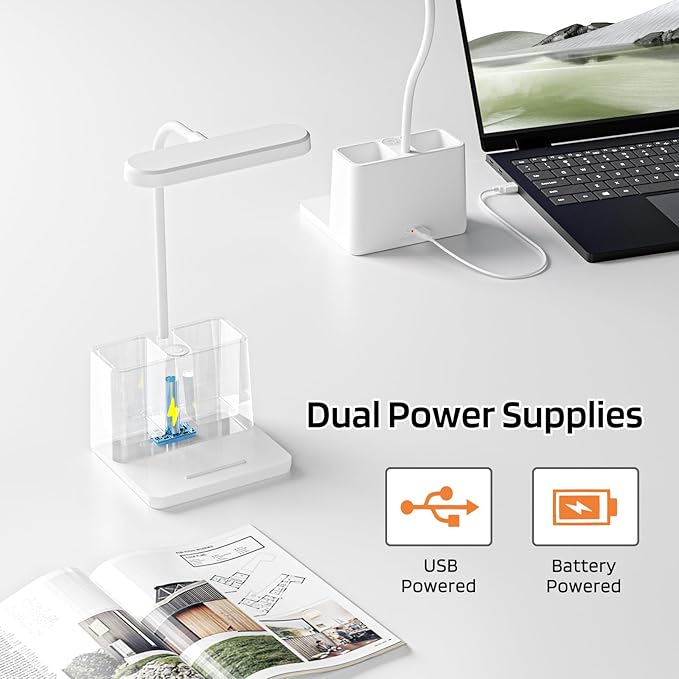AXX Rechargeable Small Desk Lamp for Home Office Bedroom, Study Table Light for Kids Teens, White, LED, Pen Holder, Mini, Gooseneck, College Dorm Room Lighting for Computer Keyboard Desktop Task