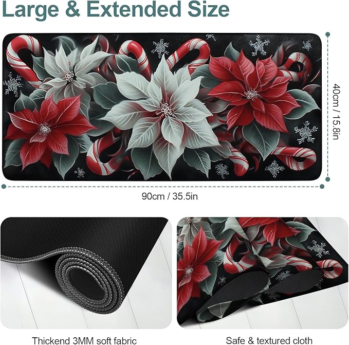 Christmas Flowers Extended Gaming Mouse Pad 35.4x15.7Inch Large Desk Mat Anti-Slip Rubber Base & Durable Stitched Edges for Gamers Smooth Mouse Writing Surface for Desk Office/Home