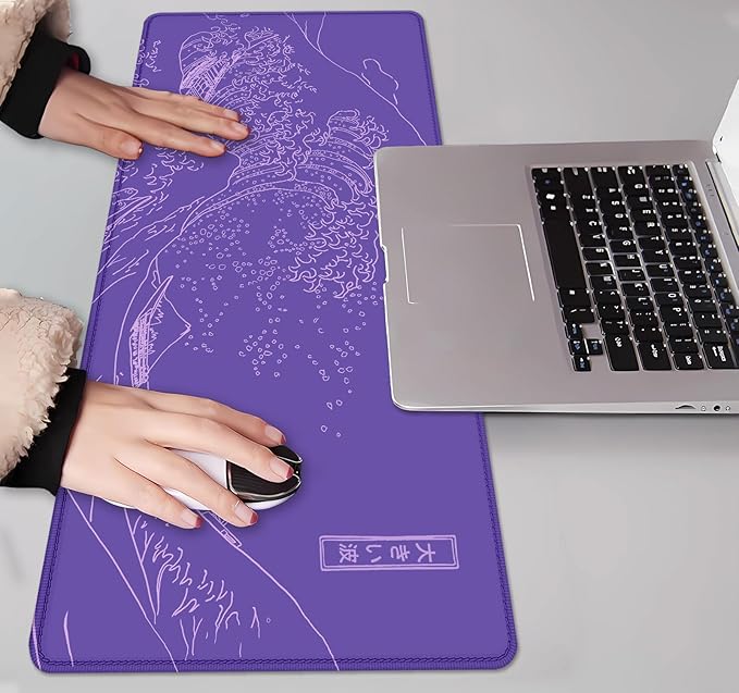 IMAYONDIA Great Wave Large Gaming Mouse Pad, Purple Minimalist Japanese Desk Mat, Gamer Aesthetic Extended Mousepad Cute, Non-Slip Rubber Base Lilac Desk Pad for Office- 31.5 X 11.8 Inch