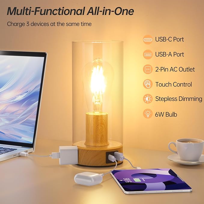 Bedside Table lamp for Bedroom -Touch Lamp with USB-A+C Charging Ports & AC Outlet. Nightstand Lamp with Wood Base Glass. Stepless Dimming Small Lamp for Bedroom, Dorm, Office, Kids Room, Living Room
