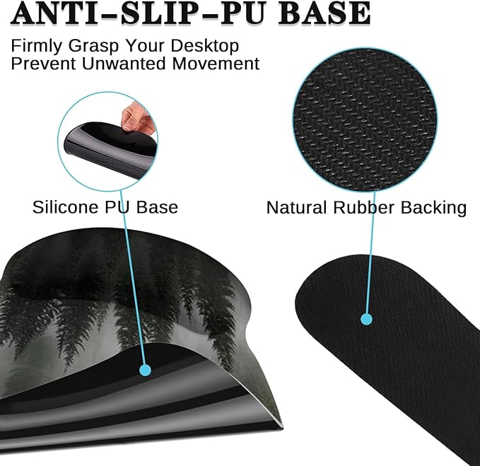 Arttown Misty Desk Mat Forest Mouse Pad Set 4 in 1 Tree Foggy Ergonomic Design Large Desk Pad + Keyboard Wrist Rest + Mouse Wrist Rest + Coaster Suitable for Home Office Study Game