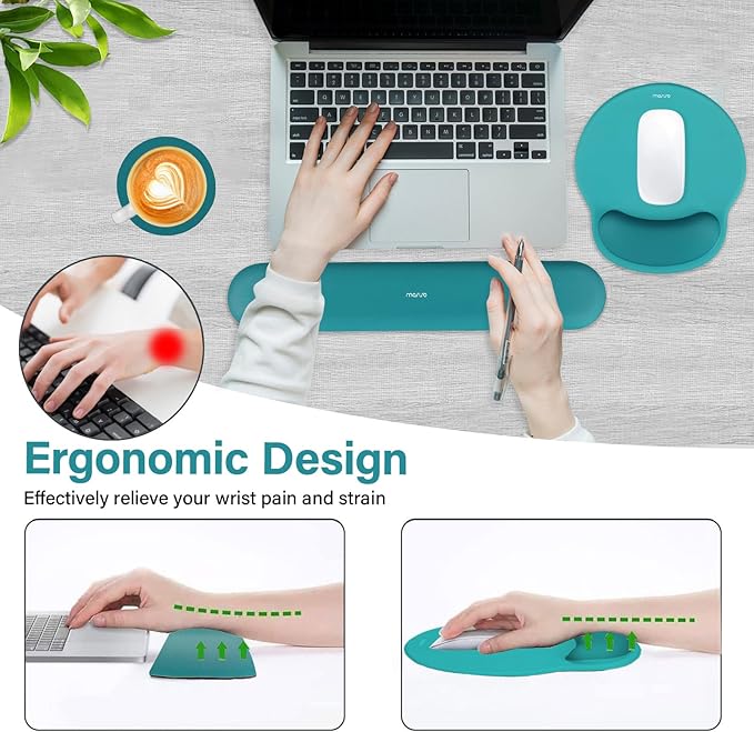 MOSISO Wrist Rest Support for Mouse Pad&Keyboard Set, Circle Curved Ergonomic Mousepad&Coaster Non-Slip Base Home/Office Wrist Support&Easy Typing Pad with Soft Cloth&Silicone Lining, Teal Green