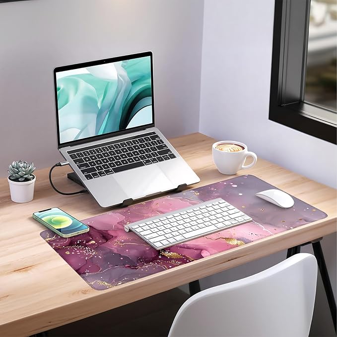 Pink Marble Gaming Mouse Pad 35.4x15.7Inch Large Desk Mat Anti-Slip Rubber Base & Durable Stitched Edges for Gamers Smooth Mouse Writing Surface for Desk Office/Home