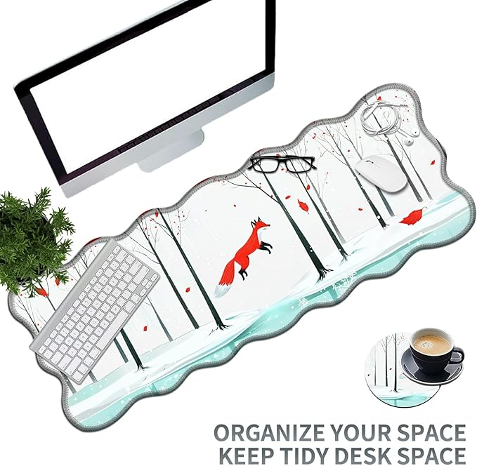 Winter Forest Fox Large Gaming Mouse Pad Plus a Coaster, 31.5 x 11.8 inches Desk Mat Extended XL Mousepad with Stitched Edge Non-Slip Rubber, Desk Pad Computer Mouse Mat for Home Office